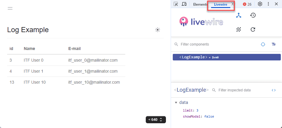 Livewire DevTools showing component properties