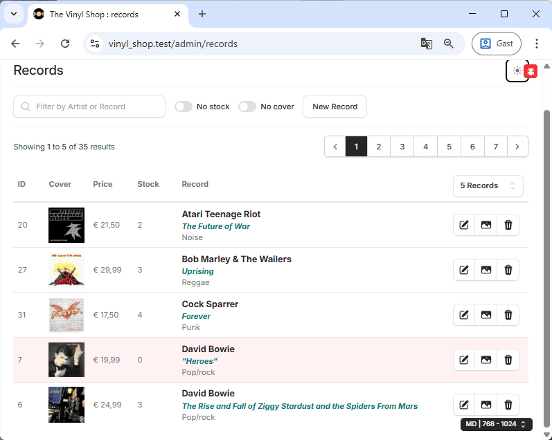 Out of stock records with red background