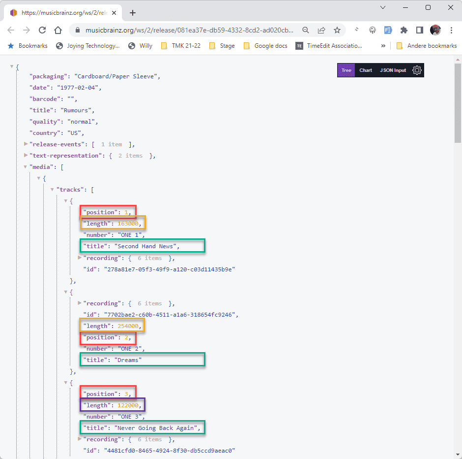 Example MusicBrainz JSON response showing tracks